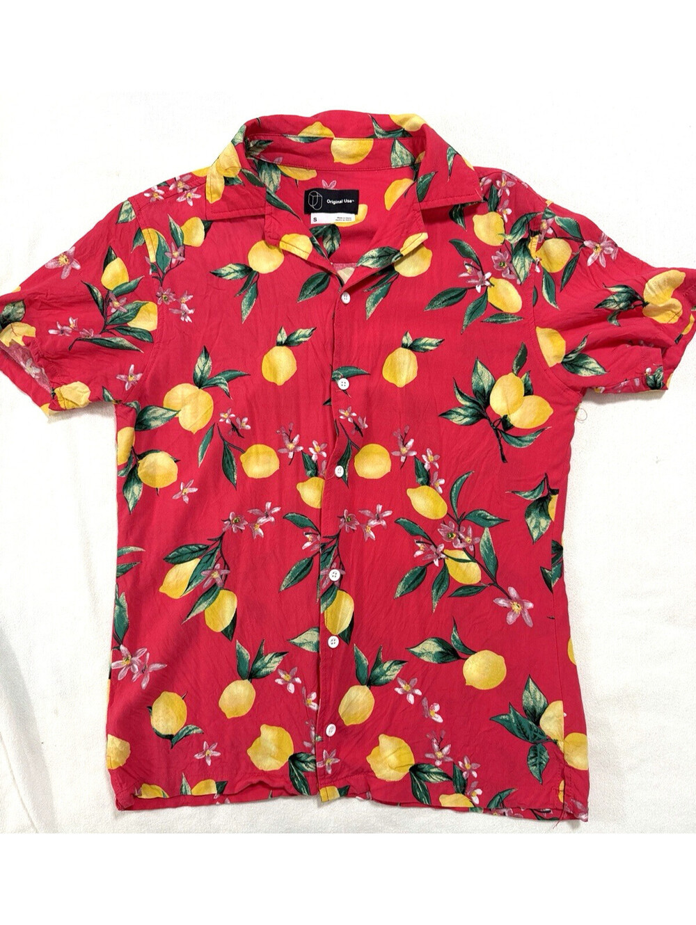 Original Use Men's Lemon Print Camp Shirt Short Sleeve Button Up Short Sleeve